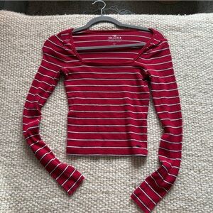 Hollister Women's Red and White Striped Long Sleeve Top